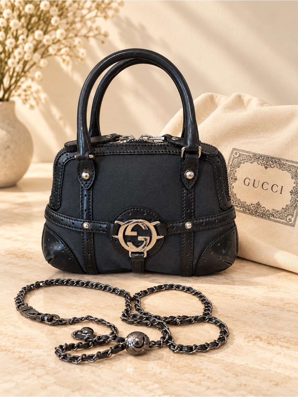 Gucci Mini Reins Style Black Handbag with Dust Bag